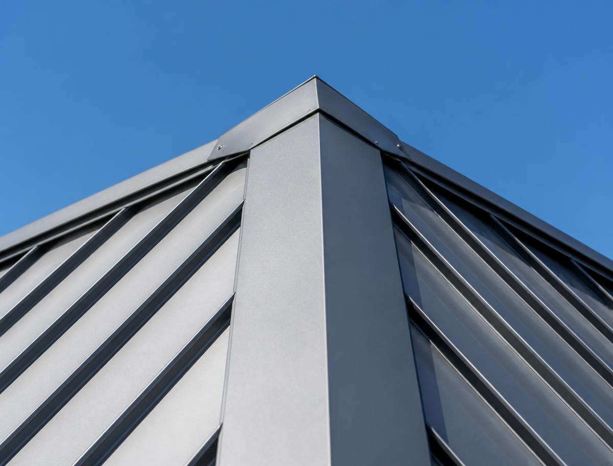 Detail of a silver standing seam metal roof ridge against a blue sky